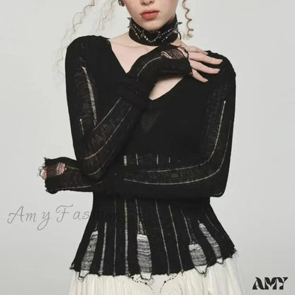 Y2K Women Knit Hollow Out V Neck Pullovers See Through Stylish Harajuku Korean Fashion Autumn Gyaru Sweater