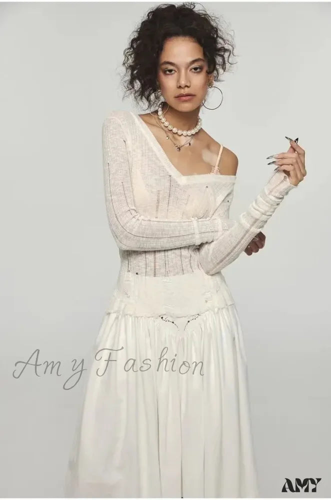 Y2K Women Knit Hollow Out V Neck Pullovers See Through Stylish Harajuku Korean Fashion Autumn Gyaru Sweater