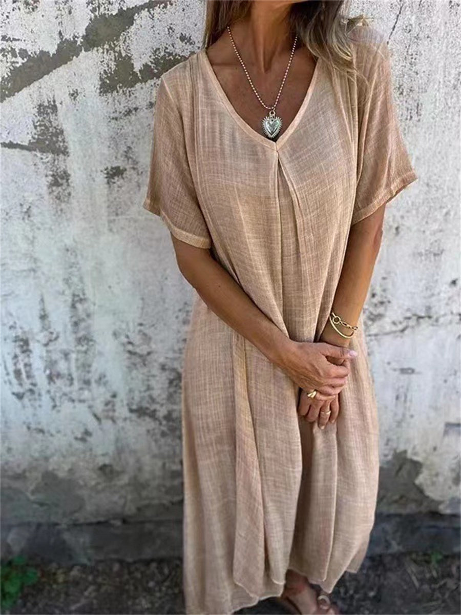 Linen Look Deep V-Neck Short Sleeve Relaxed Shift Maxi Dress