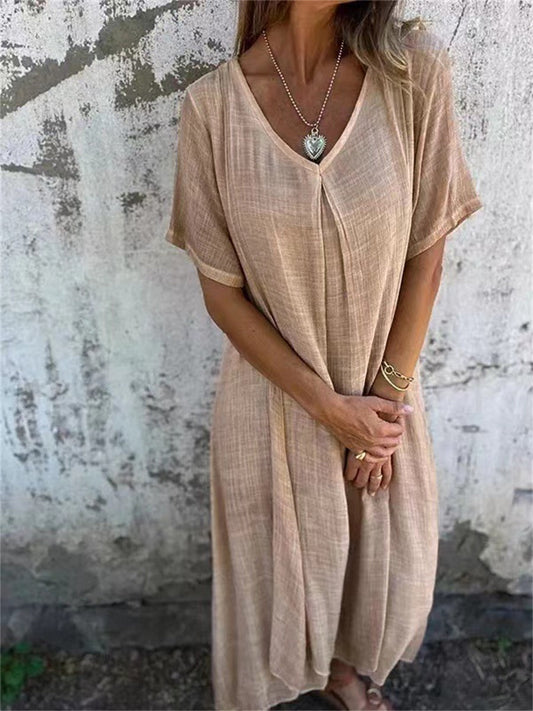 Linen Look Deep V-Neck Short Sleeve Relaxed Shift Maxi Dress