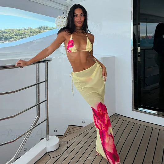 Yellow Floral Bikini Three Piece Swimsuit