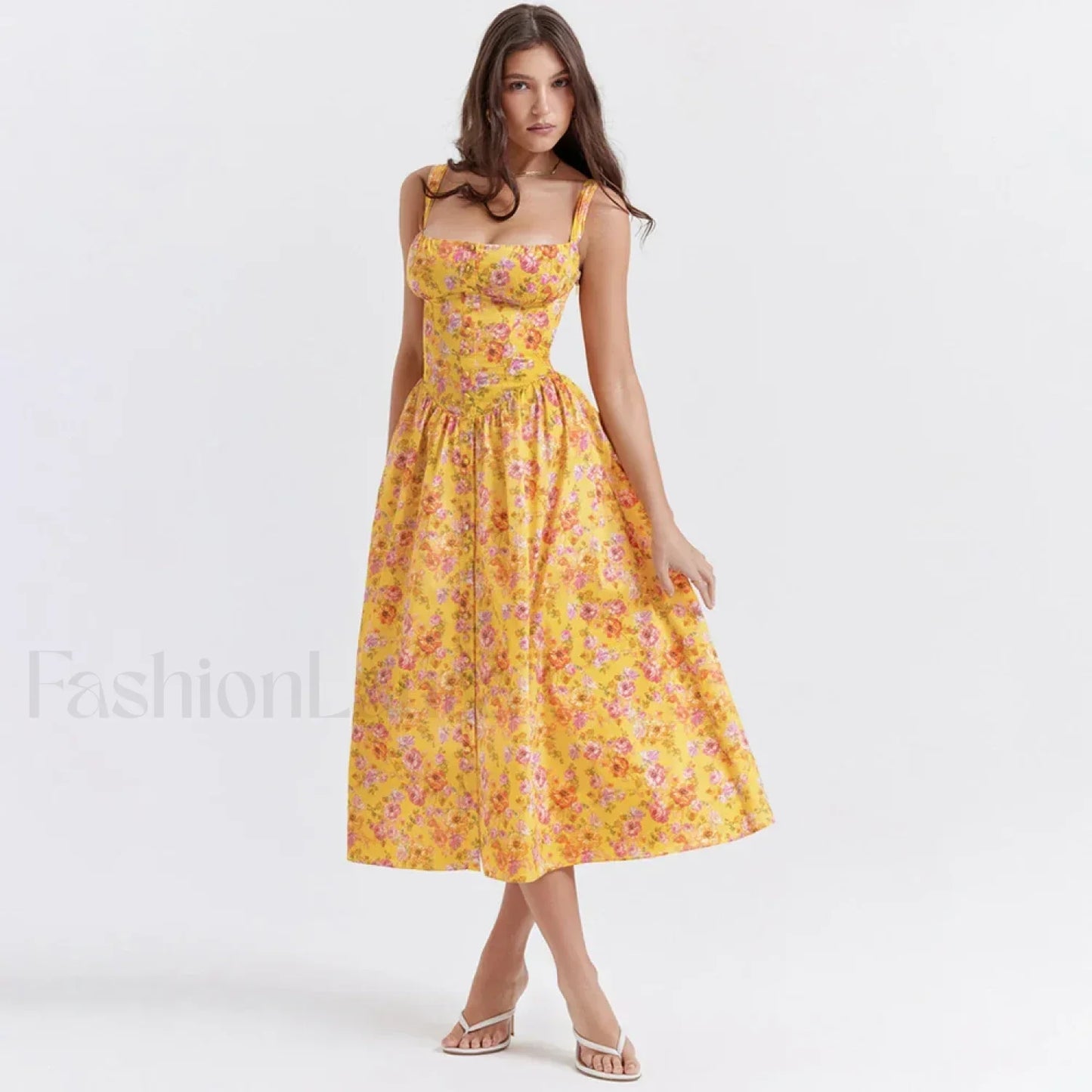 Yellow Lace-Up Pocket Floral Dress