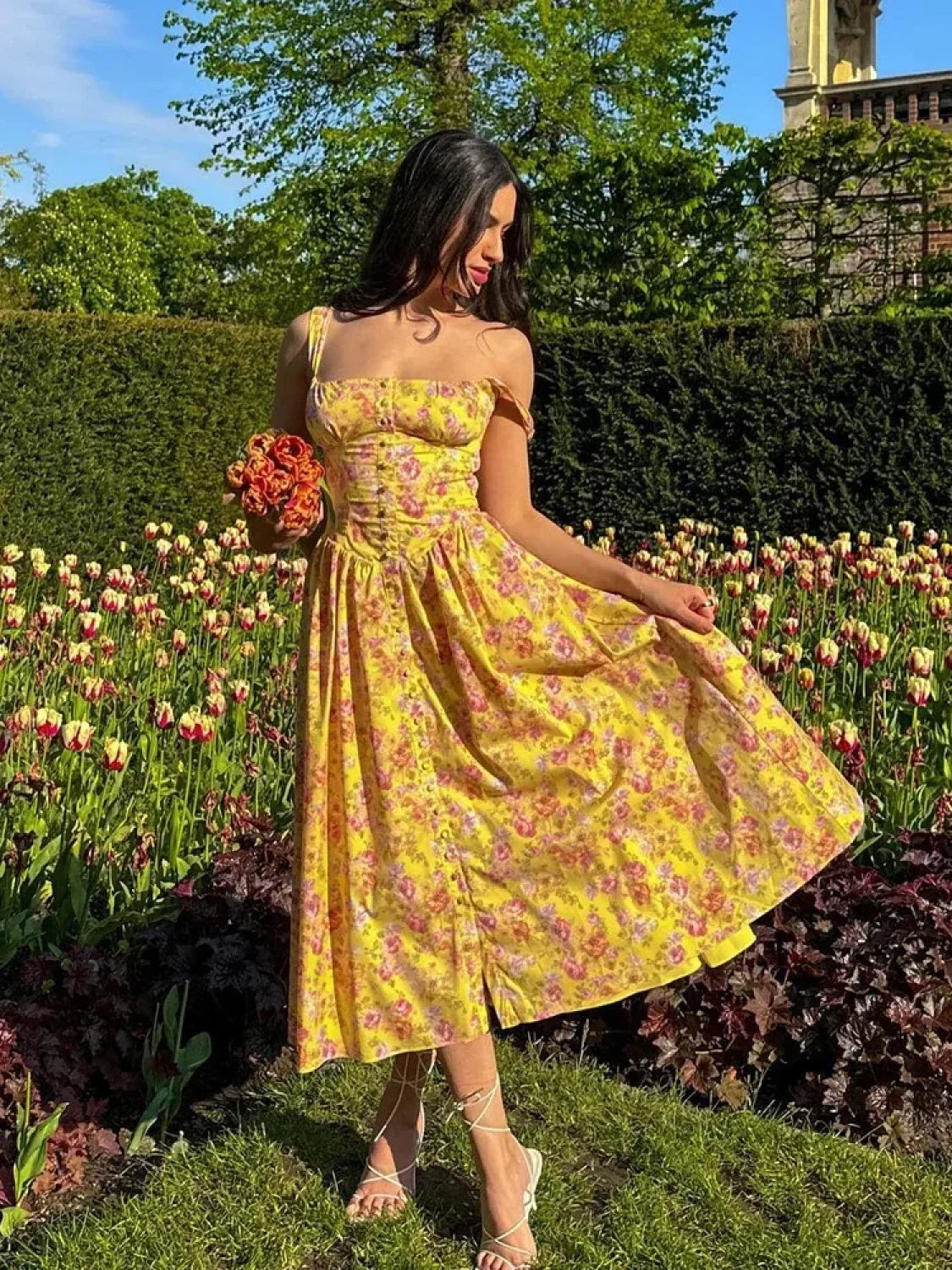 Yellow Lace-Up Pocket Floral Dress