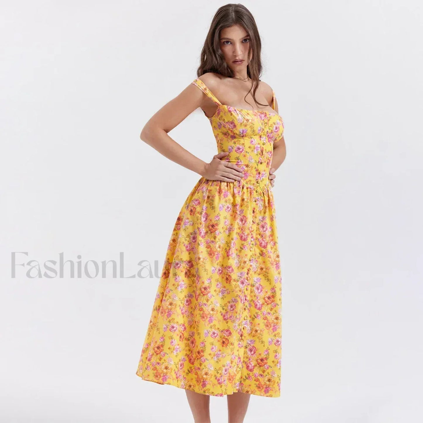 Yellow Lace-Up Pocket Floral Dress