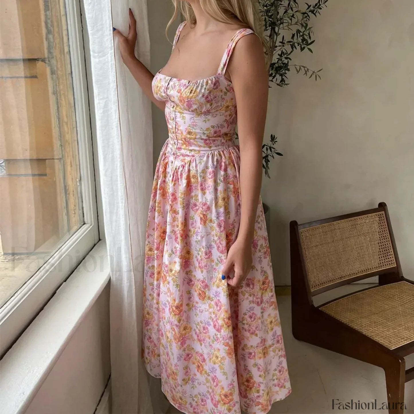 Yellow Lace-Up Pocket Floral Dress