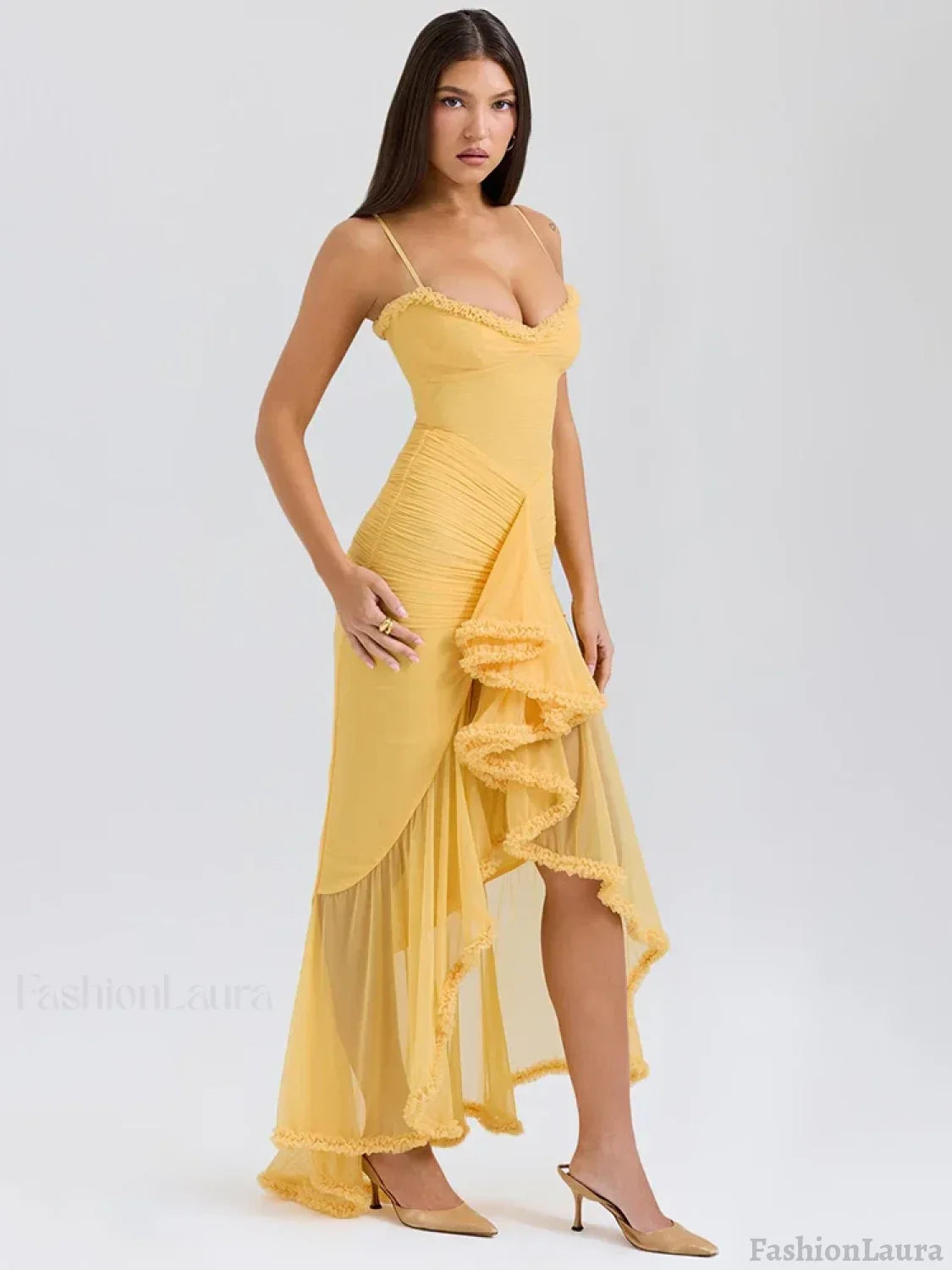 Yellow Ruffled Spaghetti Midi Dress