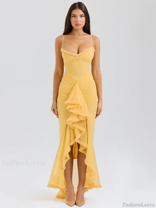 Yellow Ruffled Spaghetti Midi Dress