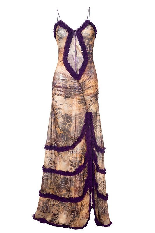 Print Mesh Torso Cut Out Lace Trim Tiered Slit Maxi Dress