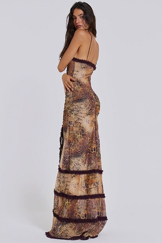 Print Mesh Torso Cut Out Lace Trim Tiered Slit Maxi Dress