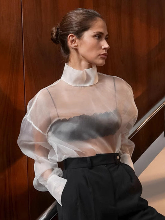Shirt For Women White Stand Collar Clothes Chic Buttons Long Sleeves Tops