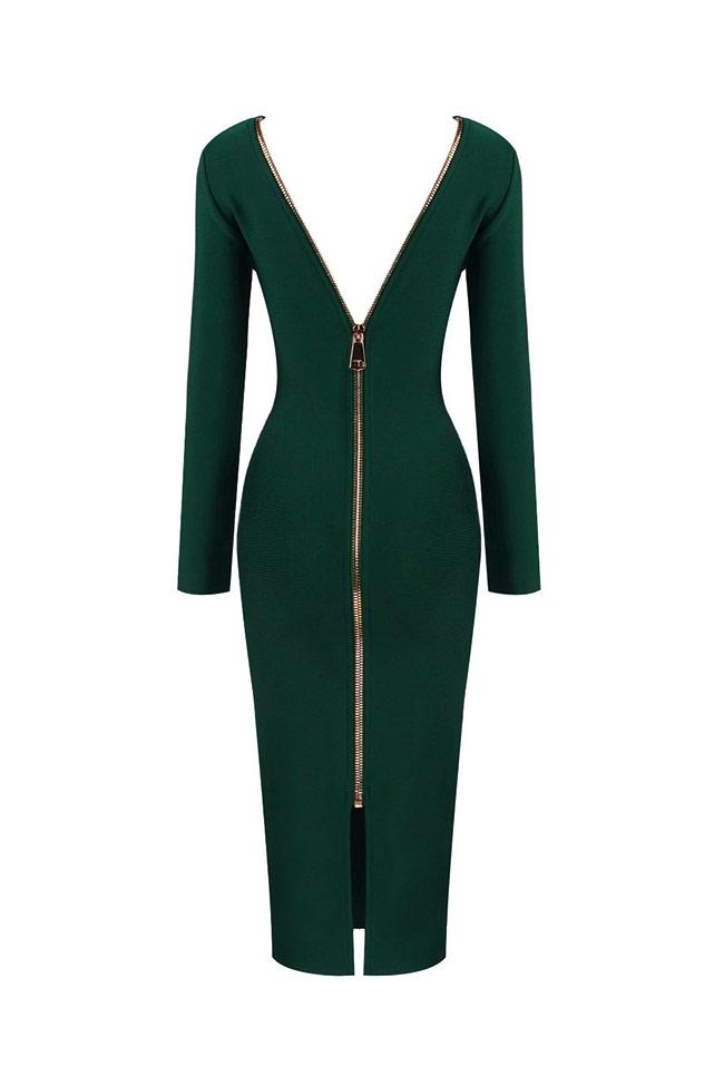 Zip Back Deep V-Neck Long Sleeve Bandage Midi Cocktail Dress