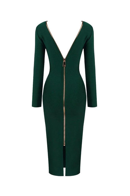 Zip Back Deep V-Neck Long Sleeve Bandage Midi Cocktail Dress
