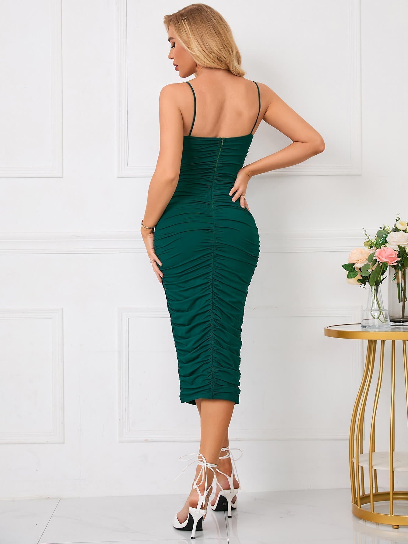 Square Neck Spaghetti Strap All Over Ruched Bodycon Midi Dress