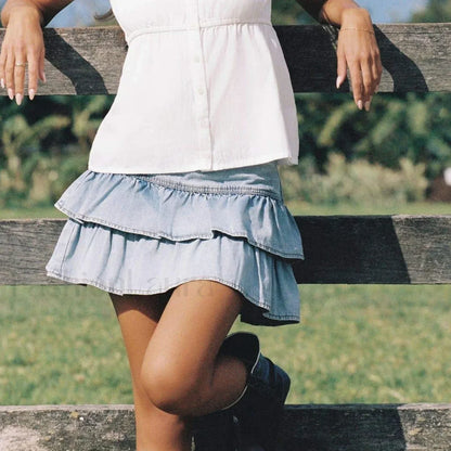 Zipper Ruffle Denim Skirt