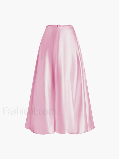 Zippered Satin Graceful A-Line Midi Skirt