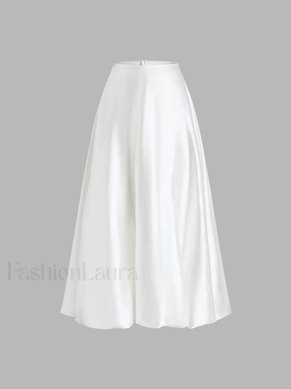 Zippered Satin Graceful A-Line Midi Skirt